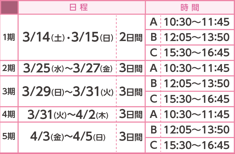 日程：春休み短期水泳教室